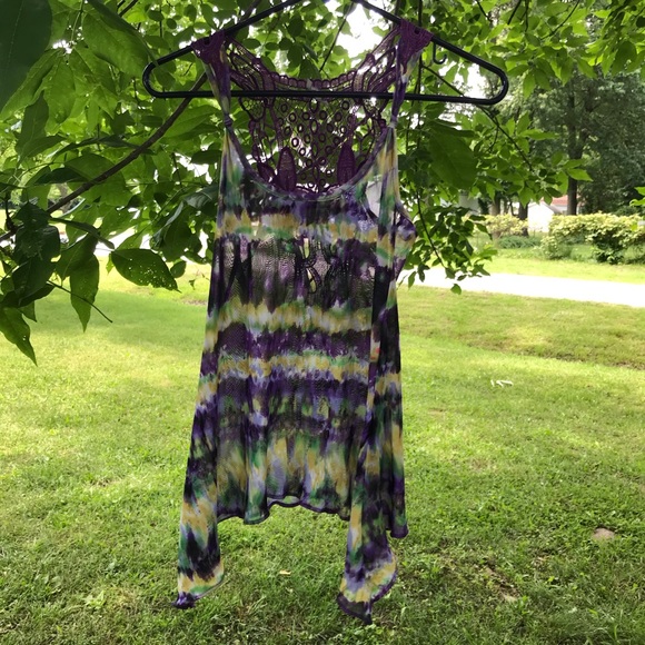 Semi sheer tie dyed crocheted back tank - Picture 7 of 14